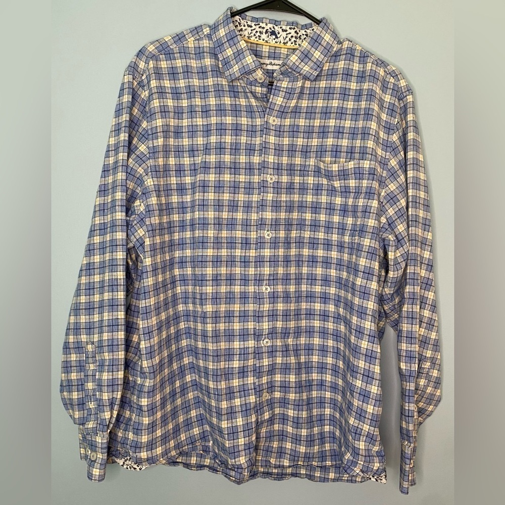 Tommy Bahama Shirt Mens Large Blue Plaid Linen Blend Long Sleeve Logo